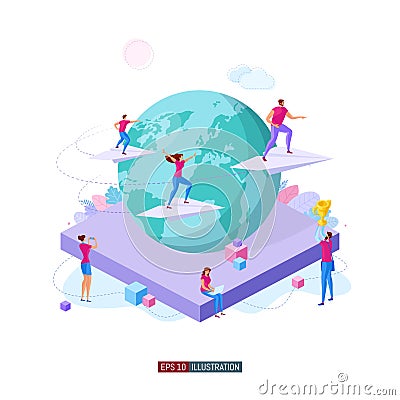 People fly on paper planes around the Earth. Teamwork concept. Globalization. International business project. Goal achievement. Vector Illustration